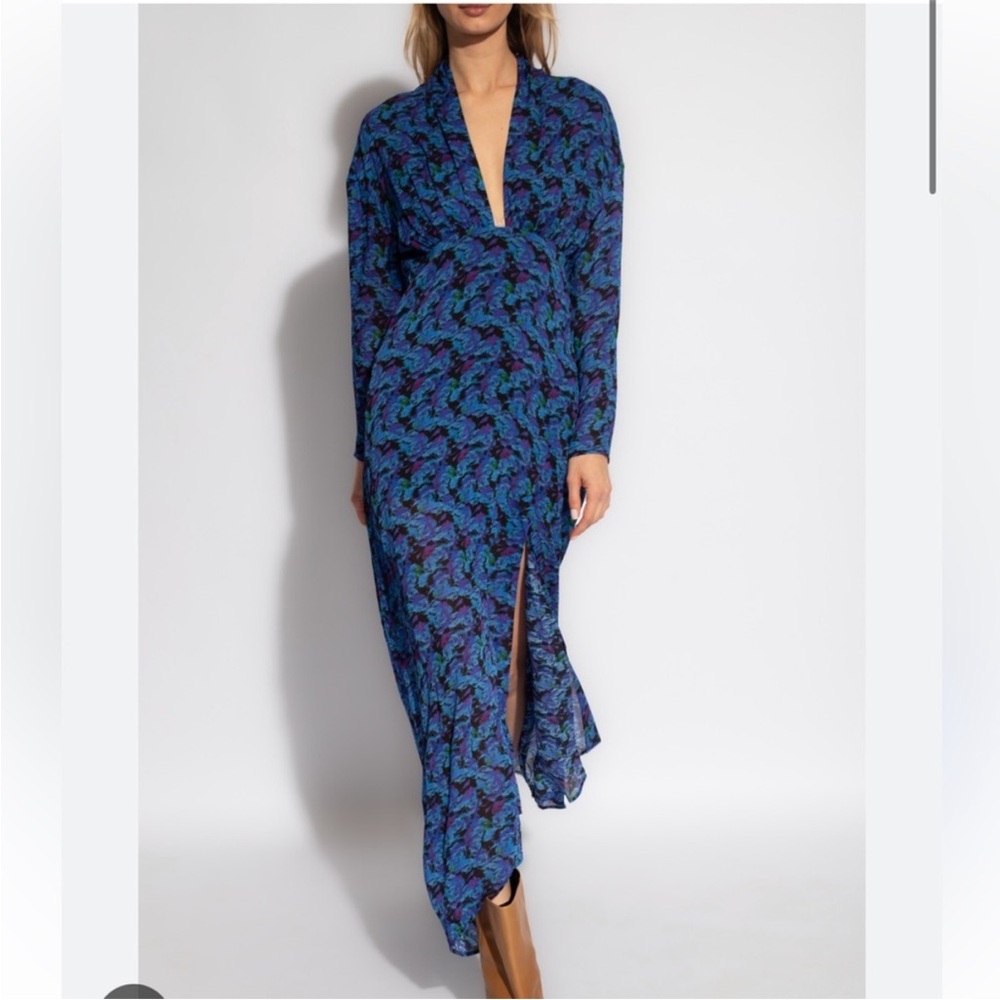 NWT IRO Nollie shirred maxi dress plunge neck long sleeve blue size 36 or US 4